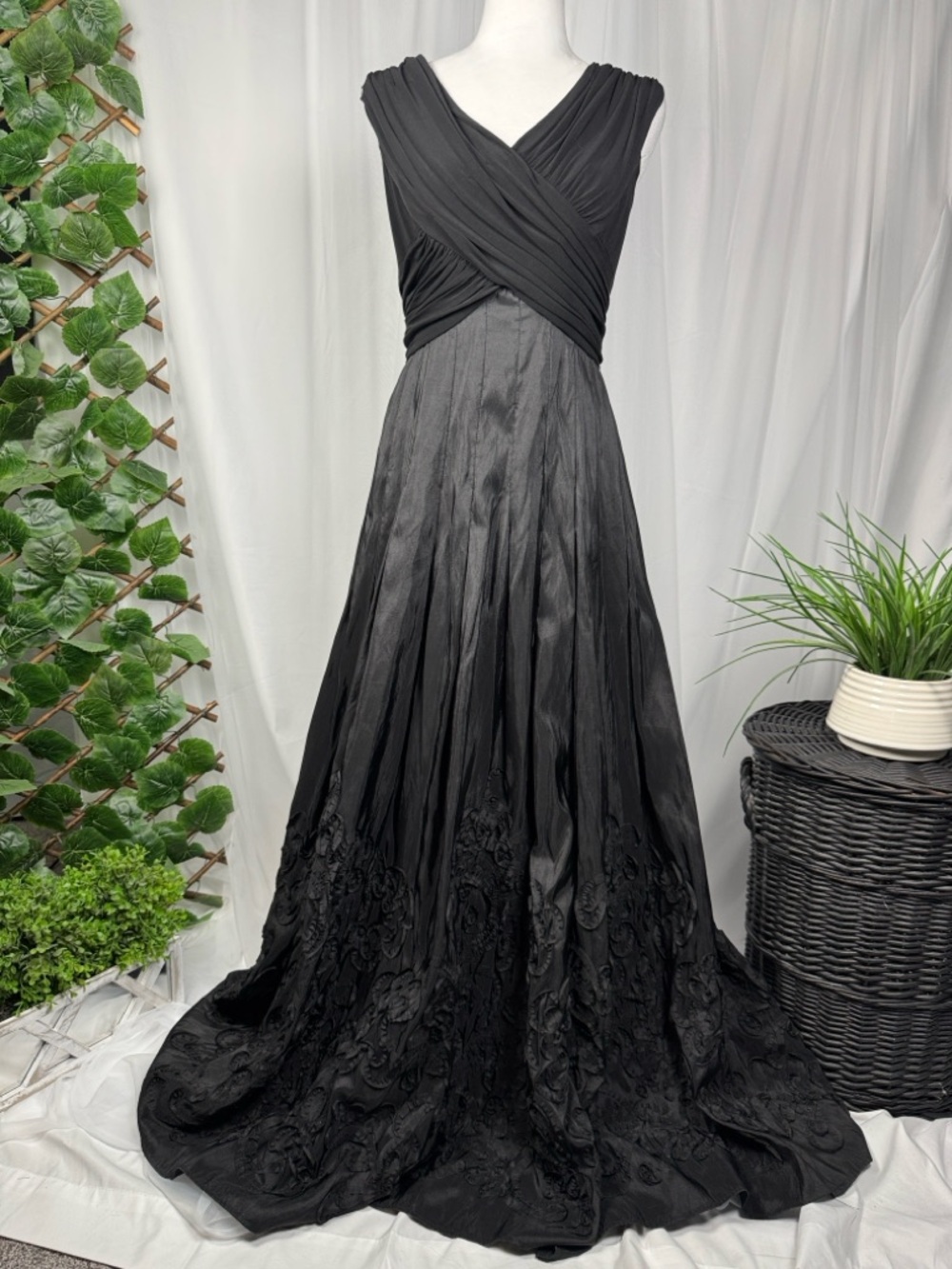 Patra Black Ruched Bodice Evening Gown with Embroidered Skirt
